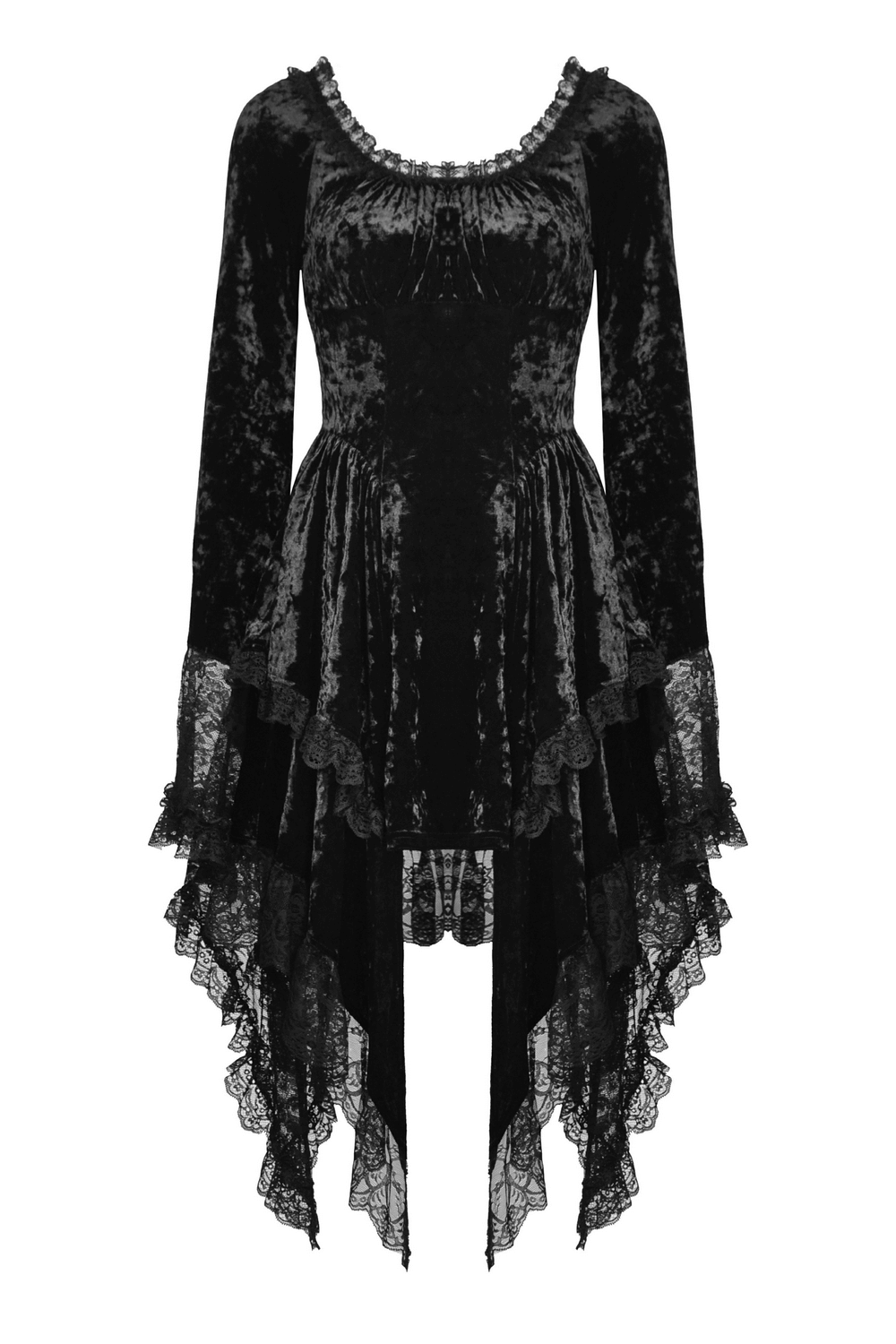 Gothic Dramatic Black Velvet Lace Asymmetrical Dress Gothic Dramatic Black Velvet Lace Asymmetrical Dress