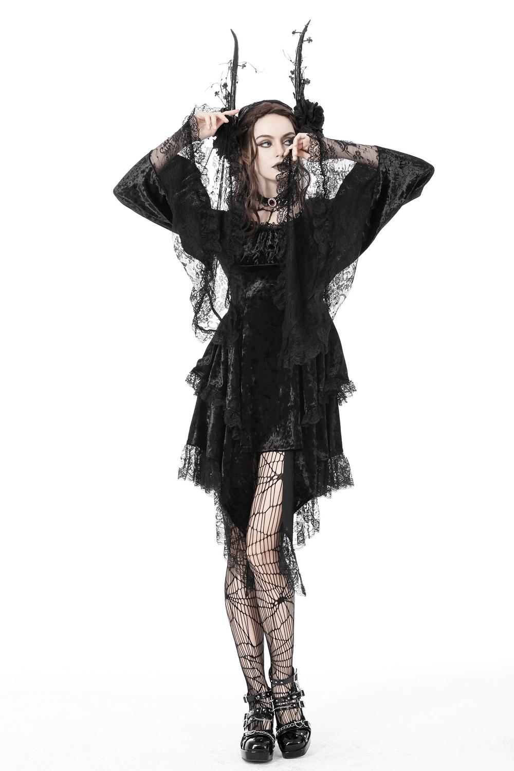 Gothic Dramatic Black Velvet Lace Asymmetrical Dress worn by a model with lace details and bold accessories.