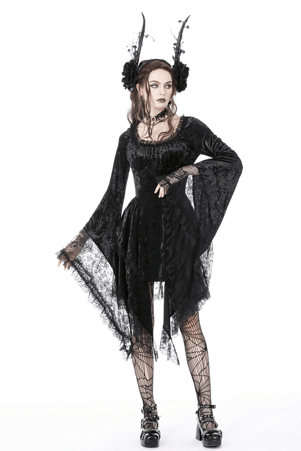 Gothic Dramatic Black Velvet Lace Asymmetrical Dress with long lace sleeves and layered hem for gothic style.