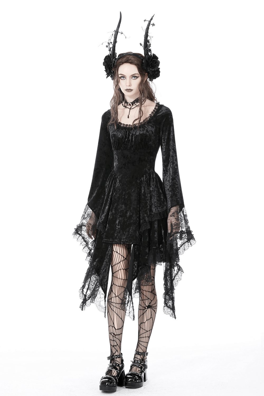 Gothic Dramatic Black Velvet Lace Asymmetrical Dress worn by a model with lace bell sleeves and dark accessories.