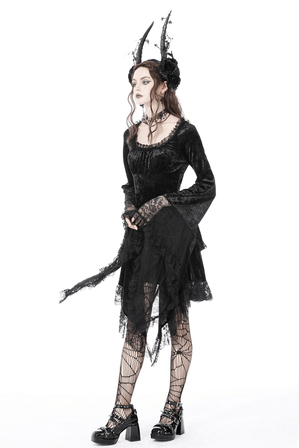 Gothic Dramatic Black Velvet Lace Asymmetrical Dress worn with lace gloves and striking horns for a gothic look.