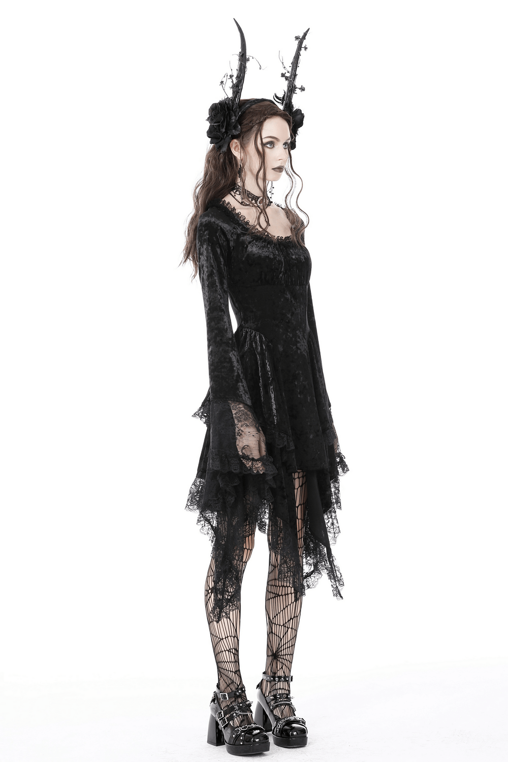 Gothic Dramatic Black Velvet Lace Asymmetrical Dress worn by a model with long sleeves and lace detailing.