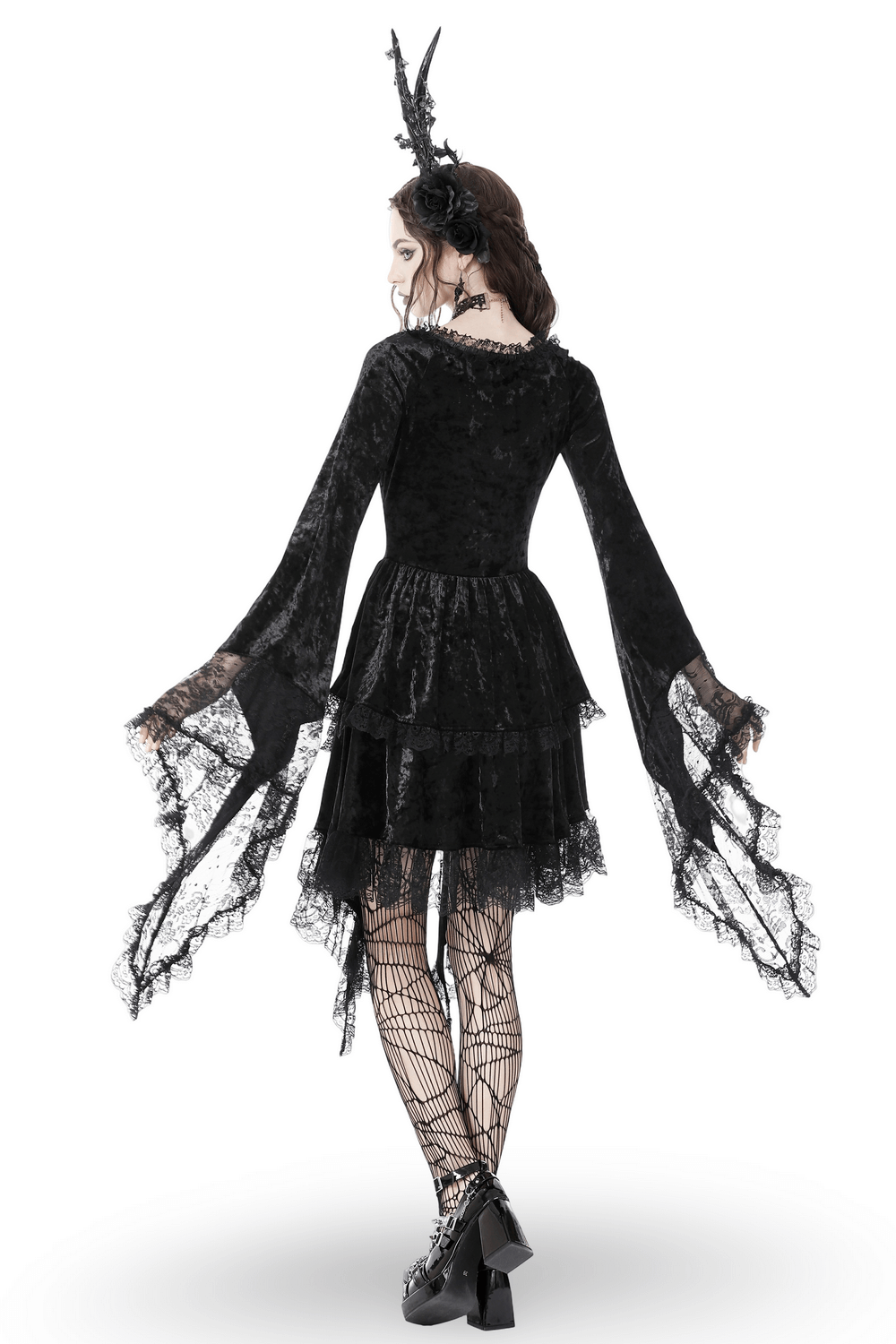Gothic Dramatic Black Velvet Lace Asymmetrical Dress with long lace bell sleeves and ruffled neckline from the back.