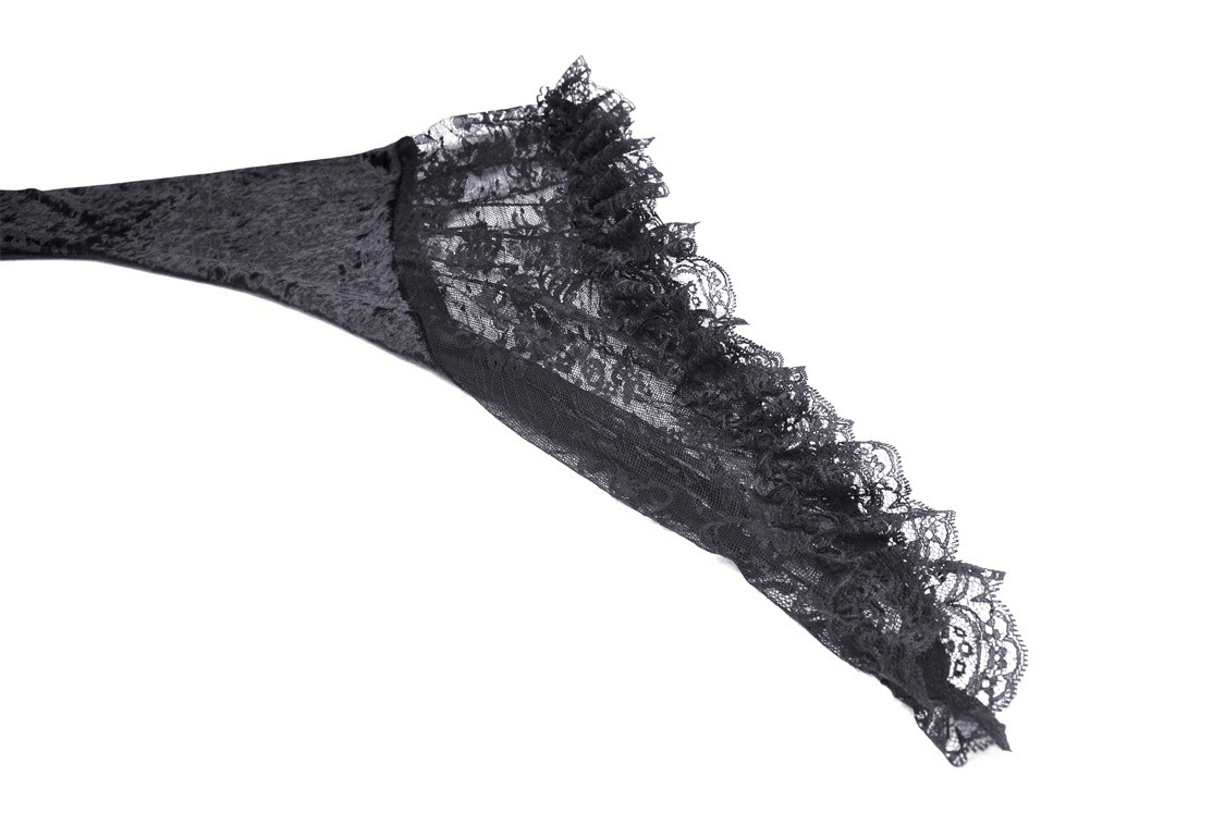 Close-up of the intricate lace bell sleeve of the Gothic Dramatic Black Velvet Lace Asymmetrical Dress.