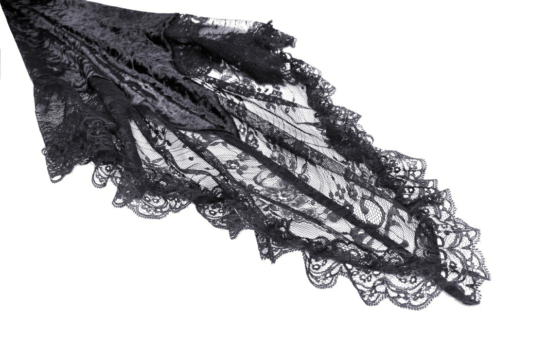 Gothic Dramatic Black Velvet Lace Asymmetrical Dress long lace bell sleeve detail on a white background.