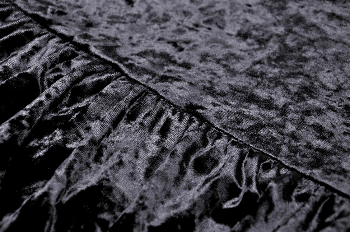 Gothic Dramatic Black Velvet Lace Asymmetrical Dress close-up of luxurious black velvet fabric and ruffled texture.