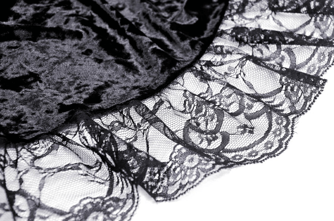 Gothic Dramatic Black Velvet Lace Asymmetrical Dress detailed lace and velvet fabric close-up.