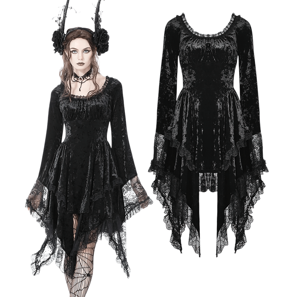 Gothic Dramatic Black Velvet Lace Asymmetrical Dress featuring long bell sleeves and a layered ruffled hem.
