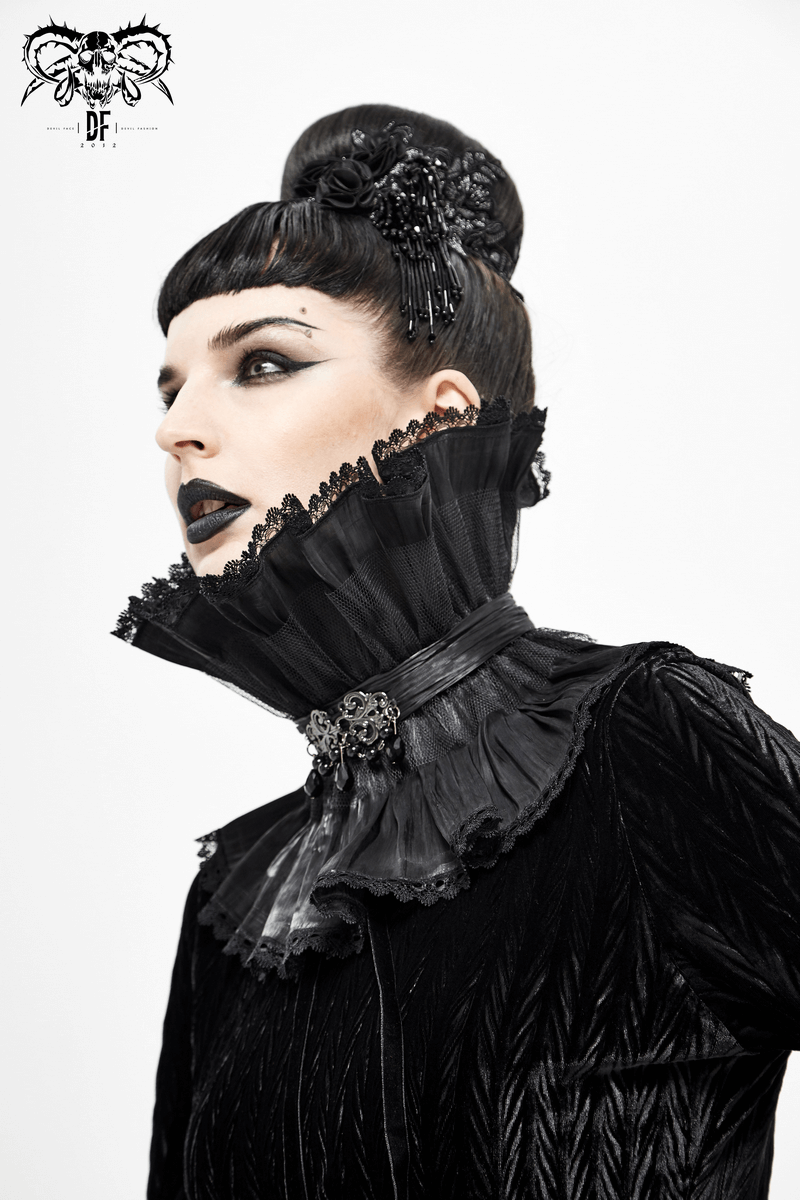 Model showcasing a unisex gothic lace high collar neckwear with brooch, featuring a chic black design and elegant hairstyle.