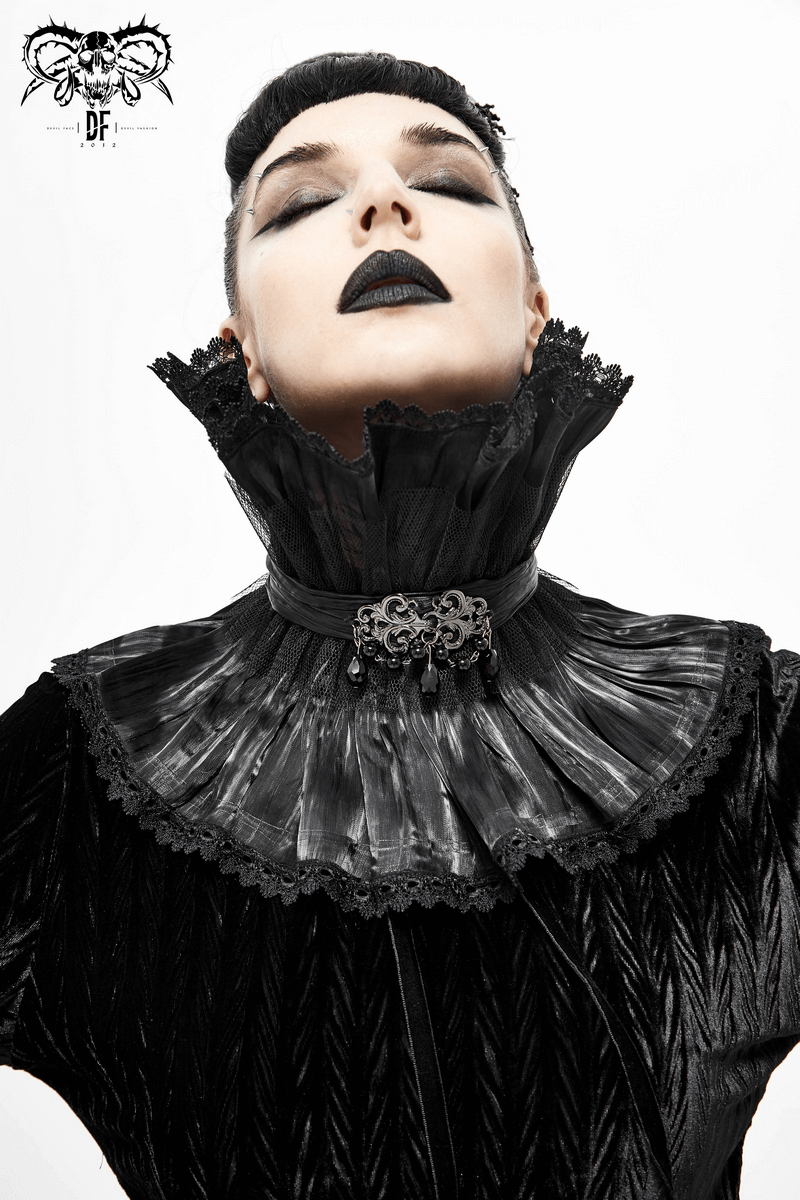 Gothic Drape Mesh Neckwear With Brooch / Unisex Lace High Collar in Punk Style - HARD'N'HEAVY