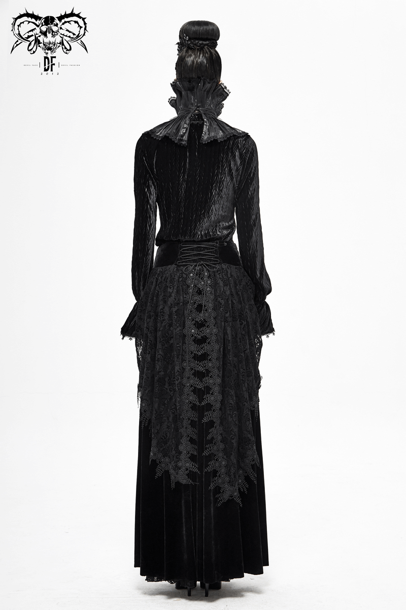 Stylish unisex black lace high collar gothic apparel showcased from the back, featuring intricate details and elegant design.