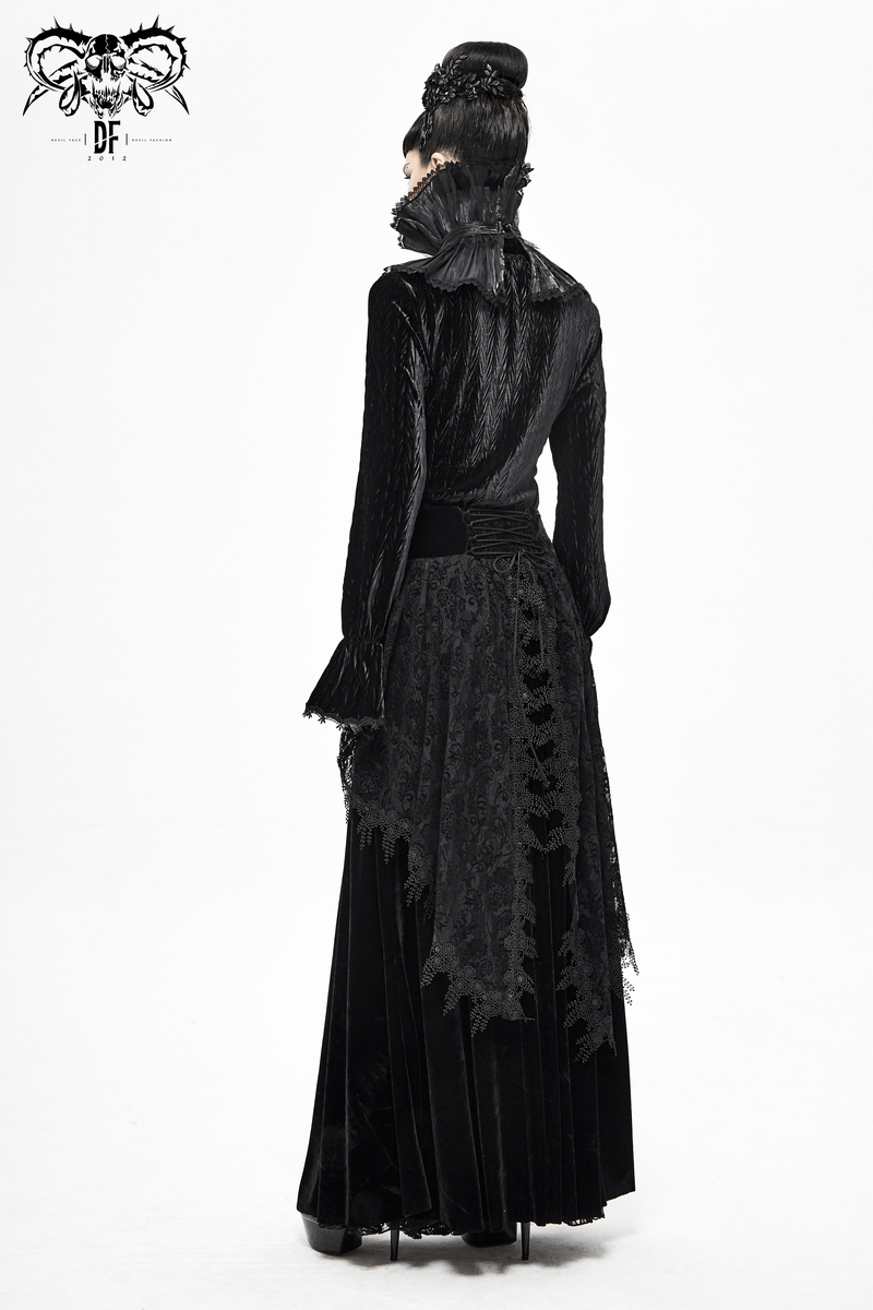 Elegant black gothic dress with high lace collar and flowing back detail, perfect for punk style enthusiasts.