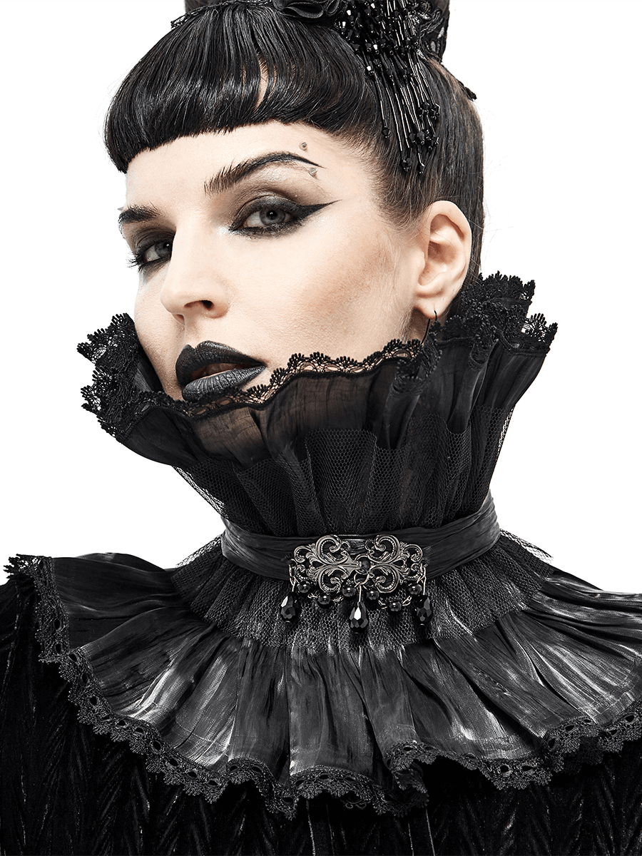 Gothic Drape Mesh Neckwear With Brooch / Unisex Lace High Collar in Punk Style - HARD'N'HEAVY