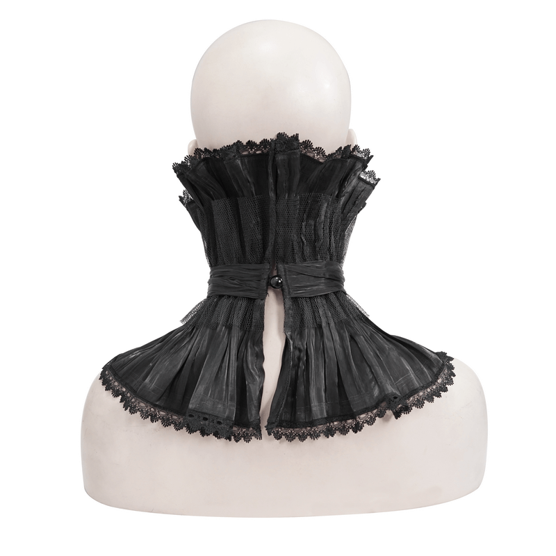 Gothic drape mesh neckwear with brooch on mannequin, unisex black lace high collar in punk style.