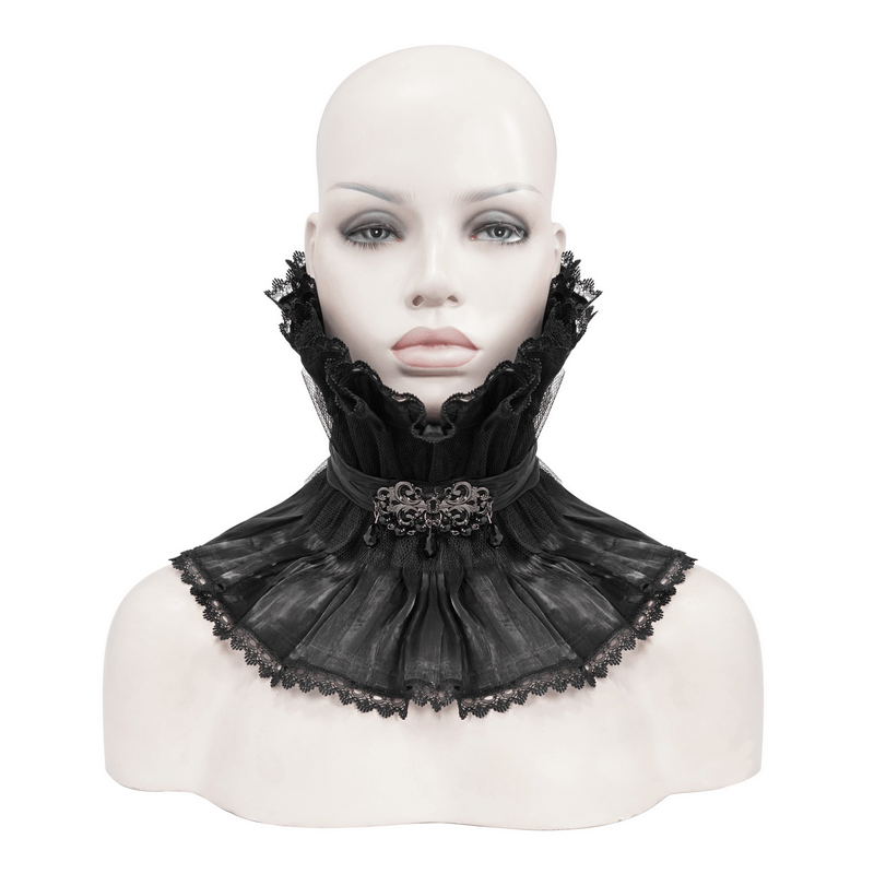 Gothic black lace high collar neckwear featuring a brooch, perfect for adding punk elegance to any outfit.