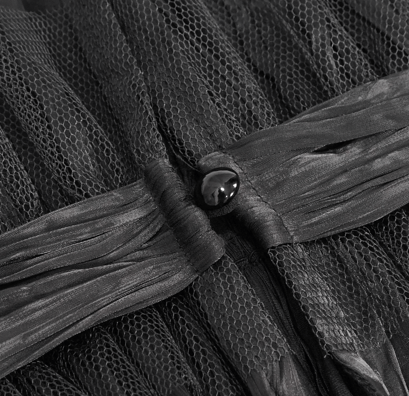 Close-up of a gothic black lace high collar with mesh detailing and a decorative brooch, perfect for stylish punk outfits.
