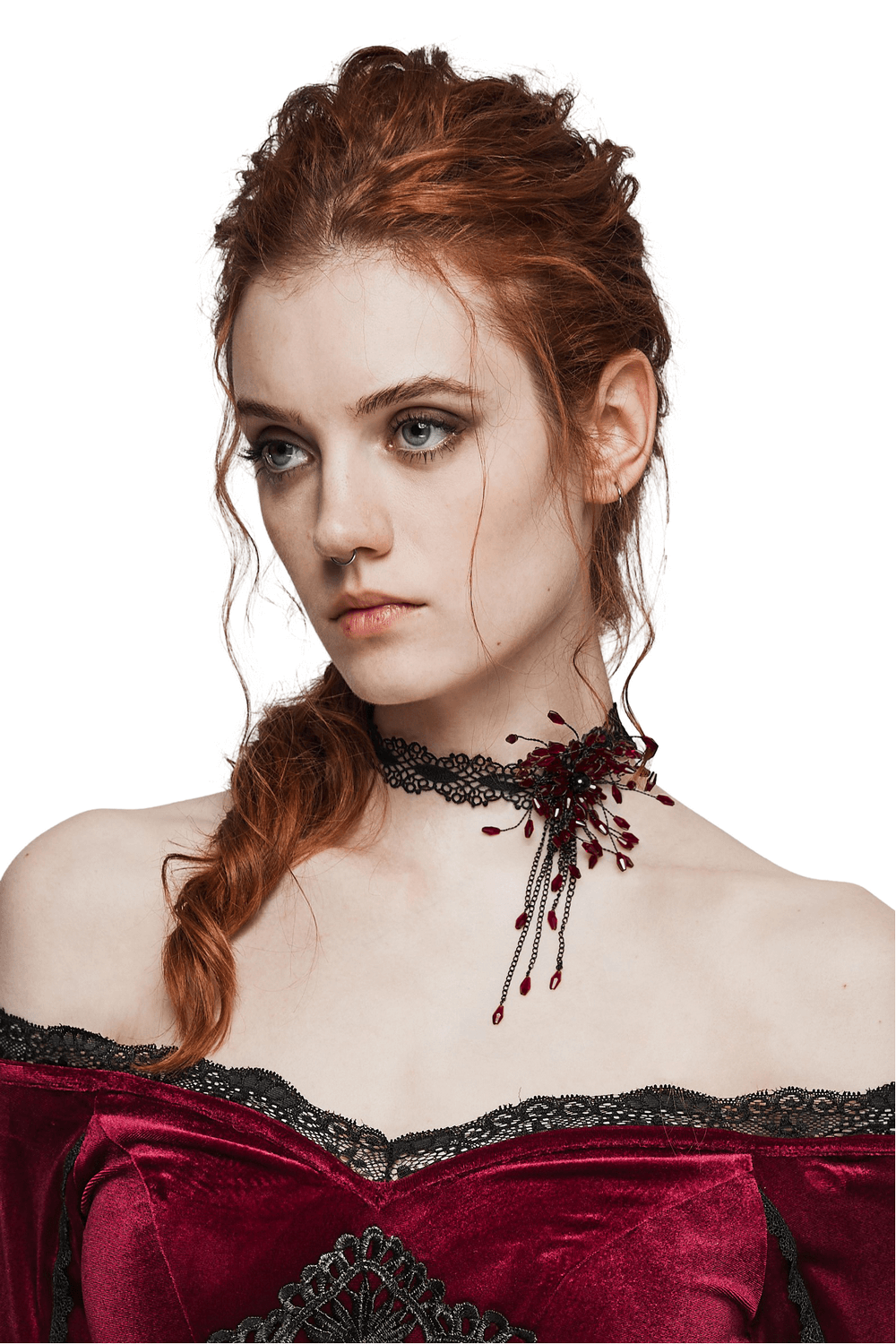 Gothic lace blood drop choker with red flower, perfect for dark fashion enthusiasts and dramatic outfits.
