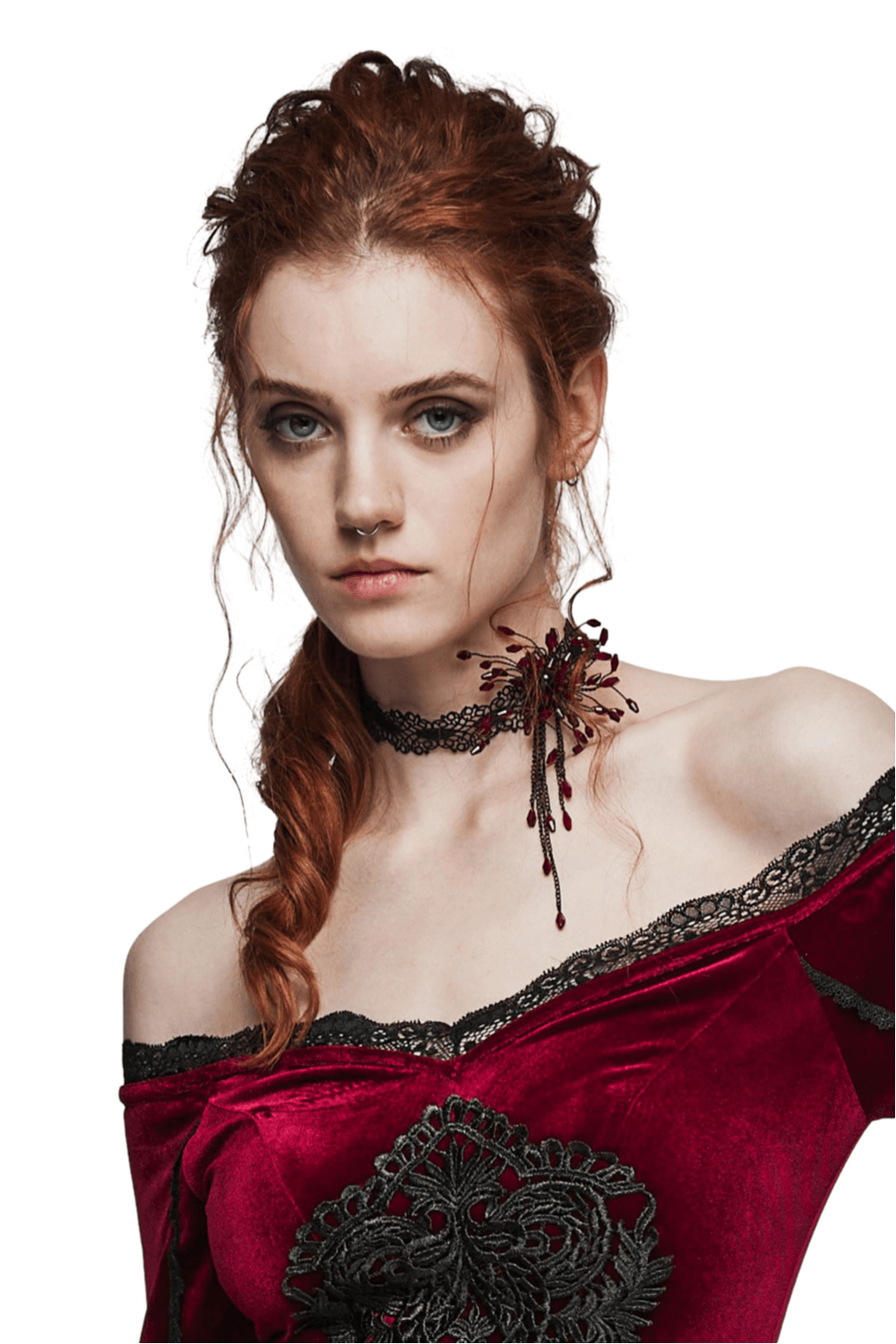Gothic woman wearing a lace blood drop choker with a red flower pendant, exuding dark elegance.