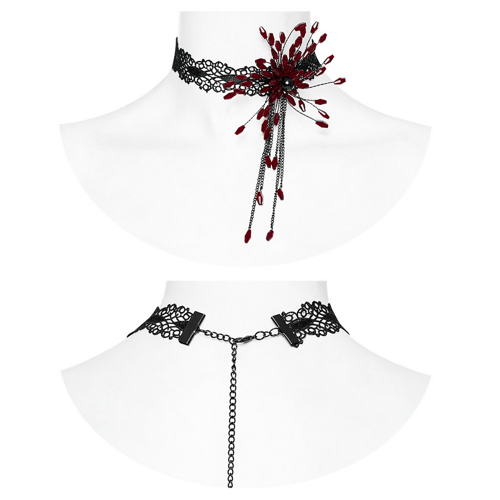 Gothic black lace choker with blood-red flower pendant, perfect for edgy dark fashion and dramatic looks.