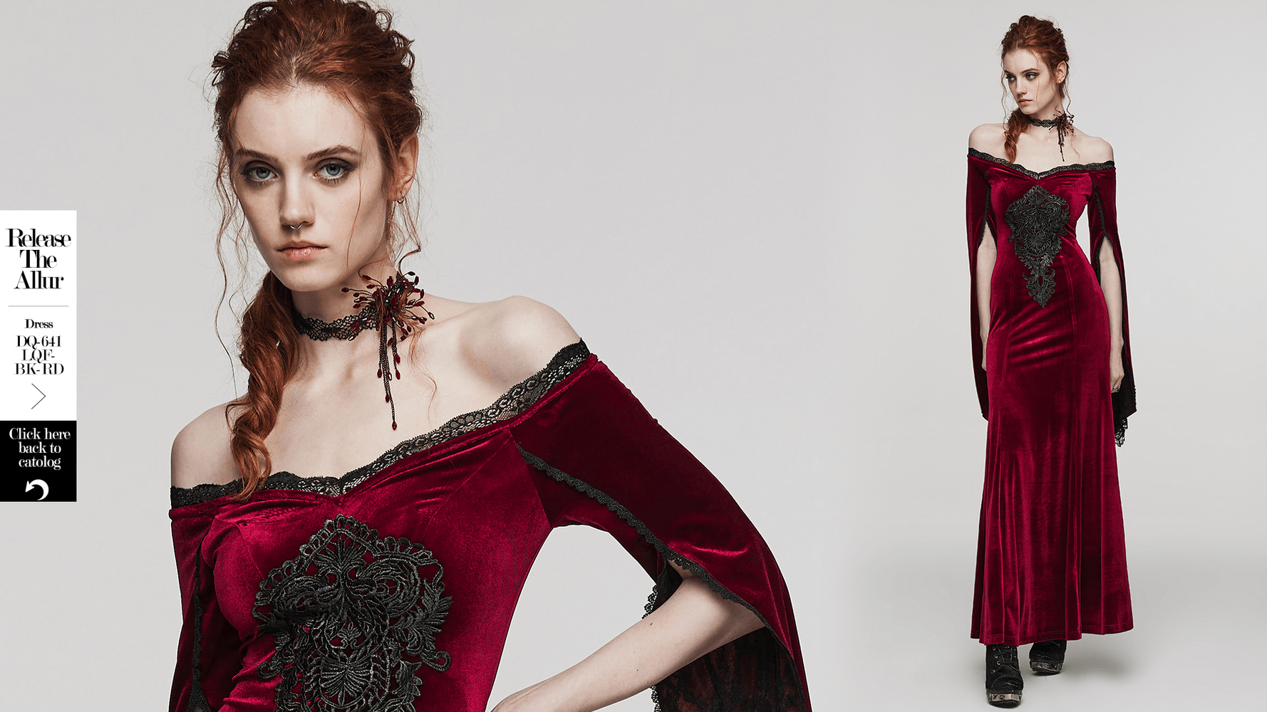 Model wearing a gothic red velvet dress with a black lace choker, showcasing dark fashion elegance.
