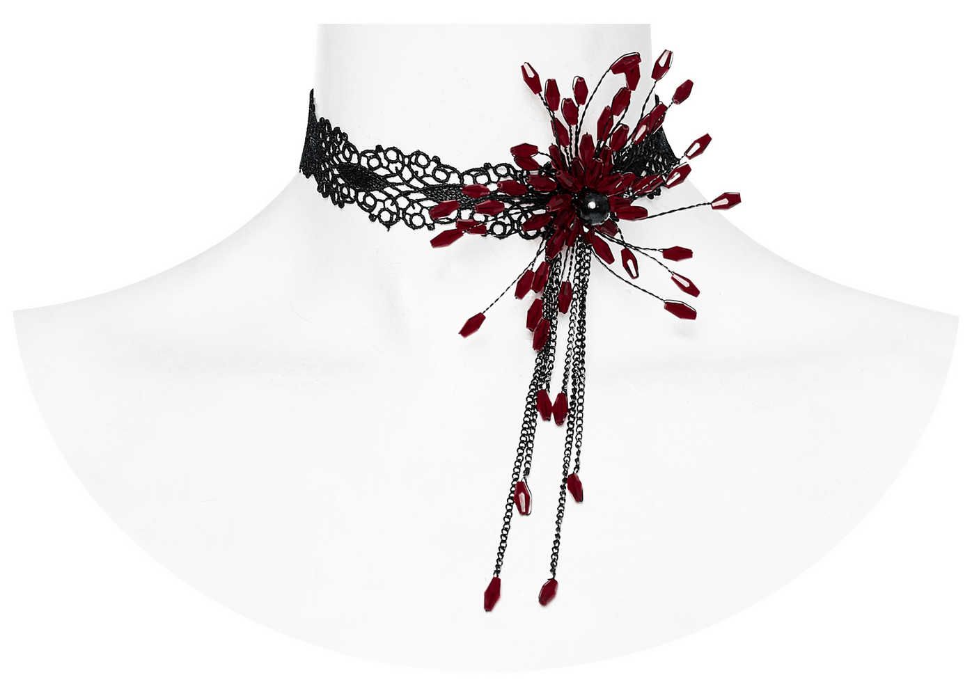 Gothic lace choker with blood-red flower pendant, perfect for dark fashion lovers and unique styles.