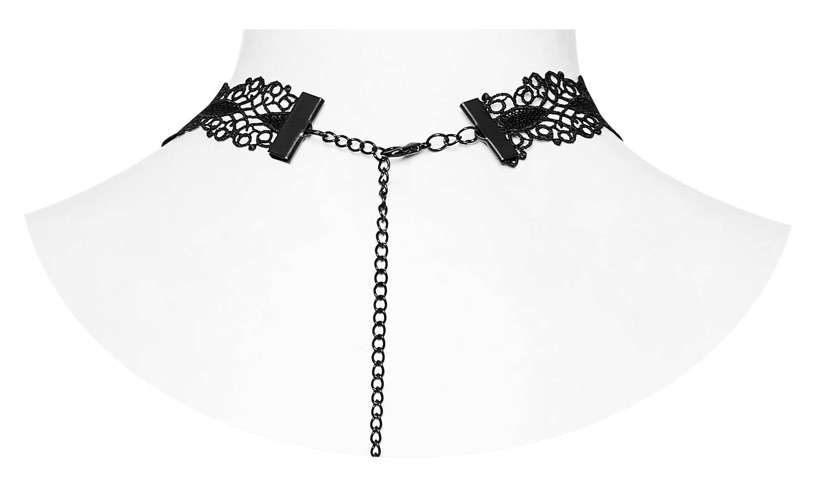 Gothic black lace choker with chain detailing, perfect for dark fashion enthusiasts and unique style statements.