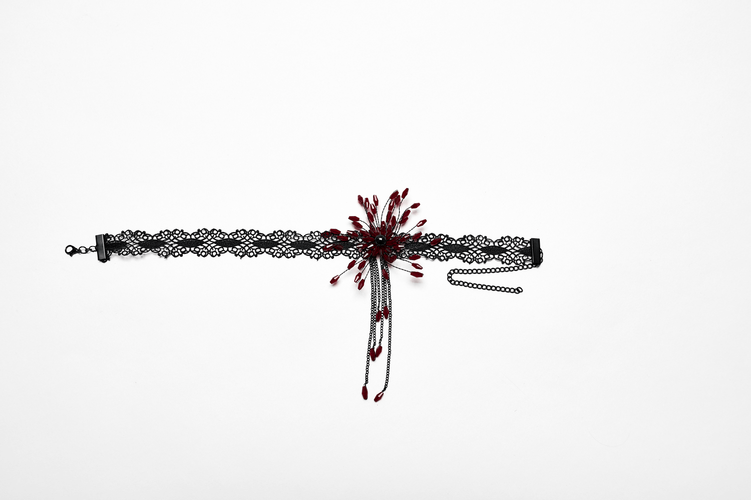 Gothic black lace choker with red flower pendant, perfect for dark fashion and adding dramatic flair to any outfit.