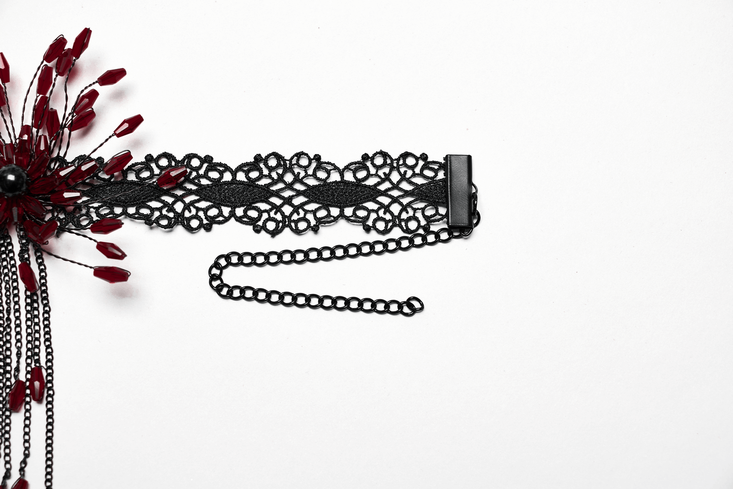 Gothic black lace choker with red flower pendant, perfect for dark fashion lovers. Unique and edgy accessory.