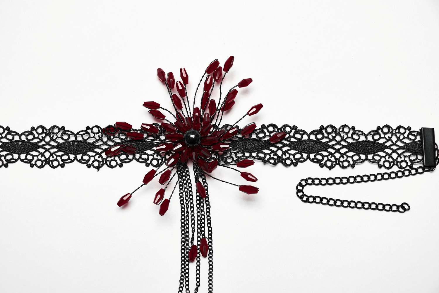 Gothic black lace choker with red flower pendant for edgy fashion lovers.