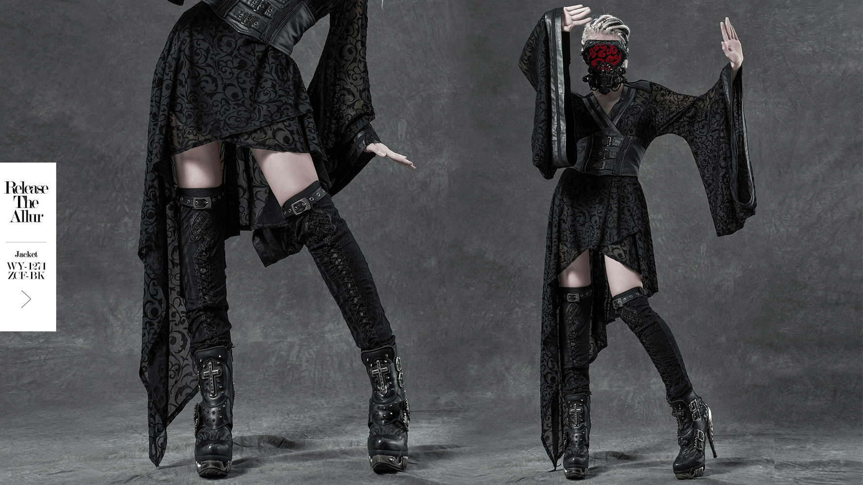 Gothic elastic knee high leg warmers with delicate embroidery and mini belts, enhancing a fashionable gothic look.