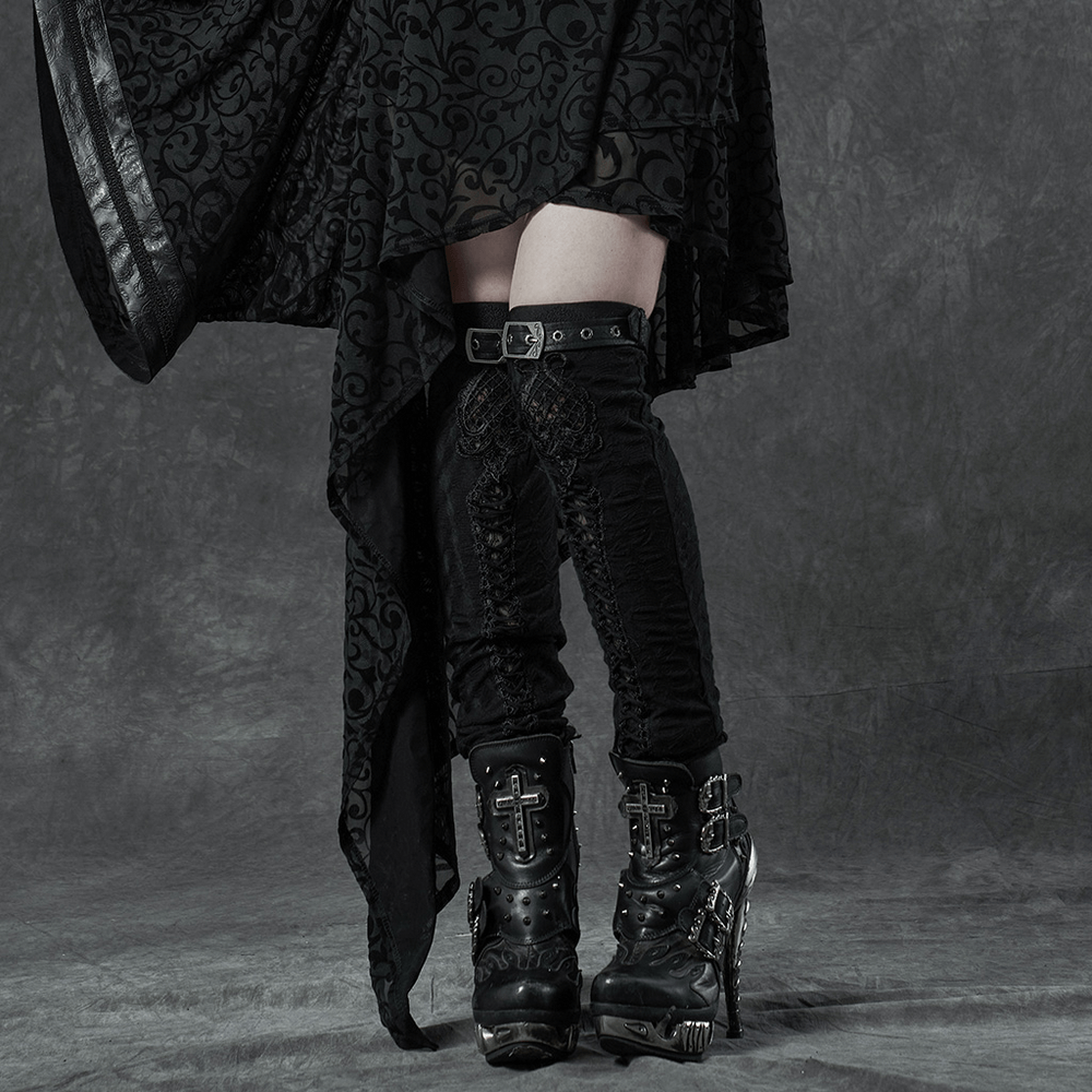 Gothic elastic knee high leg warmers with mini belts, featuring delicate embroidery and paired with stylish black boots.
