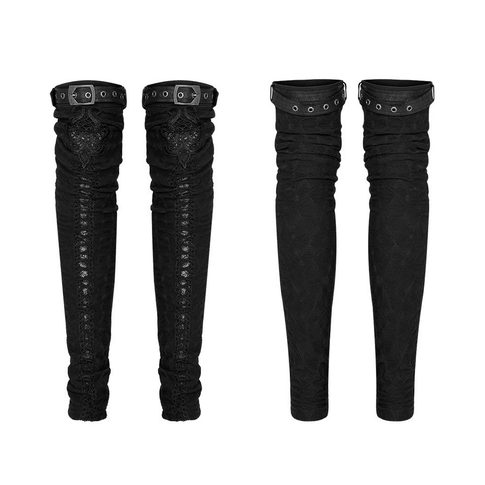 Gothic elastic knee high leg warmers with mini belts and delicate embroidery design, perfect for a stylish gothic aesthetic.