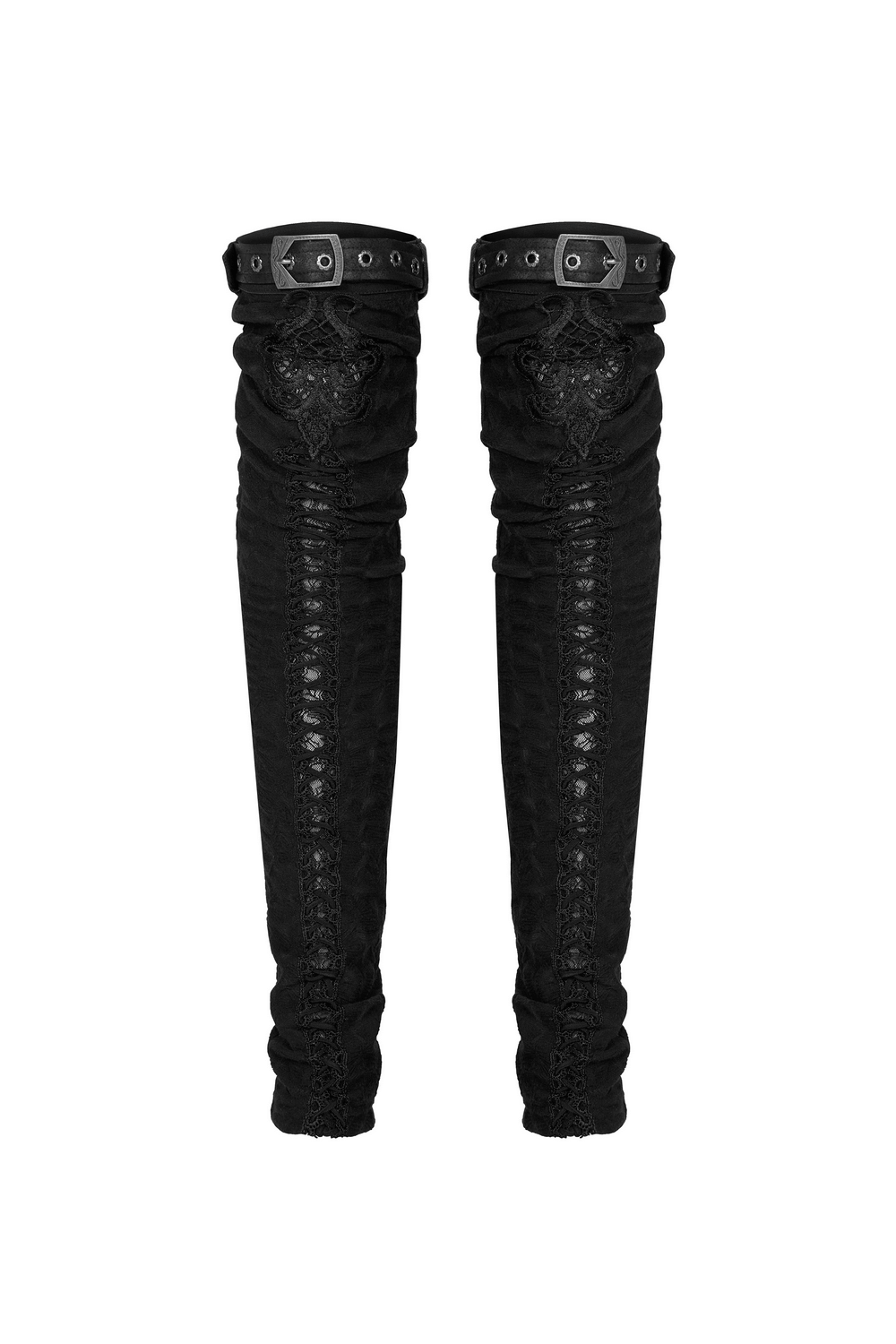 Gothic elastic knee high leg warmers with mini belts, featuring intricate embroidery and snug fit for a stylish look.