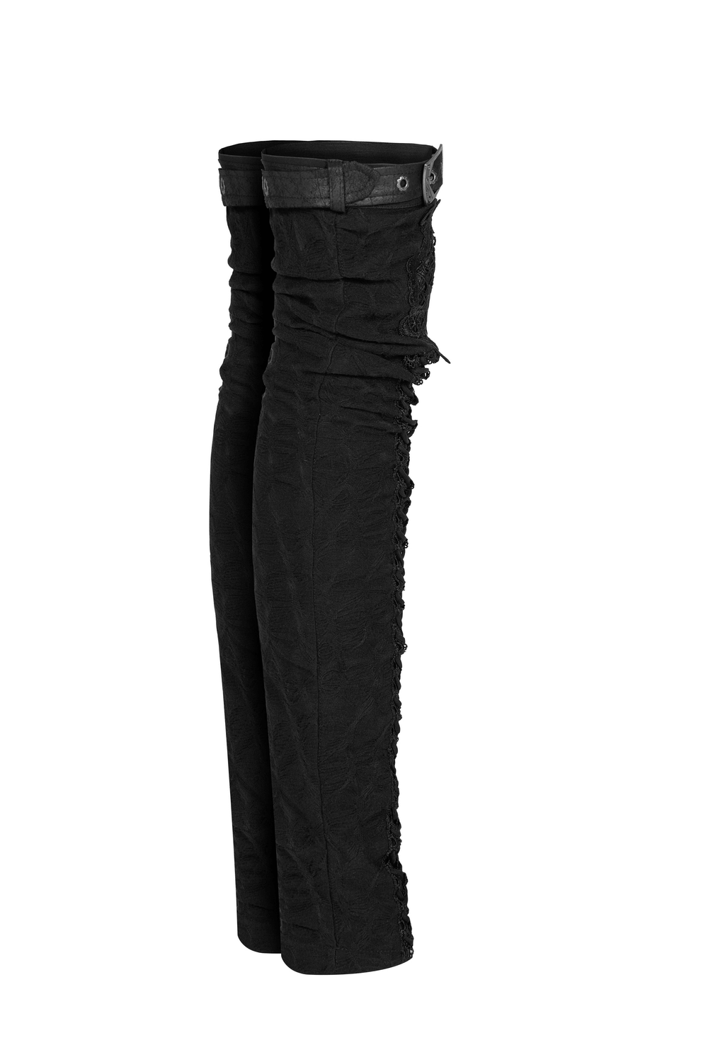 Gothic elastic knee high leg warmers with mini belts, featuring delicate embroidery and anti-slip design for a snug fit.
