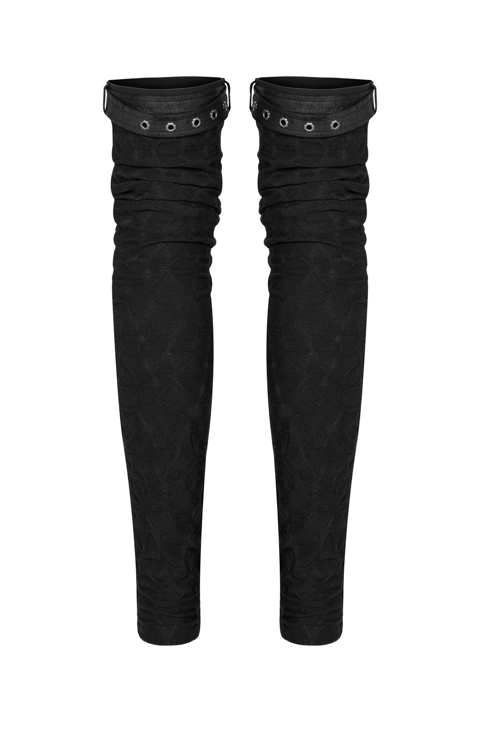 Gothic elastic knee high leg warmers with mini belts and delicate embroidery for a snug, stylish fit.