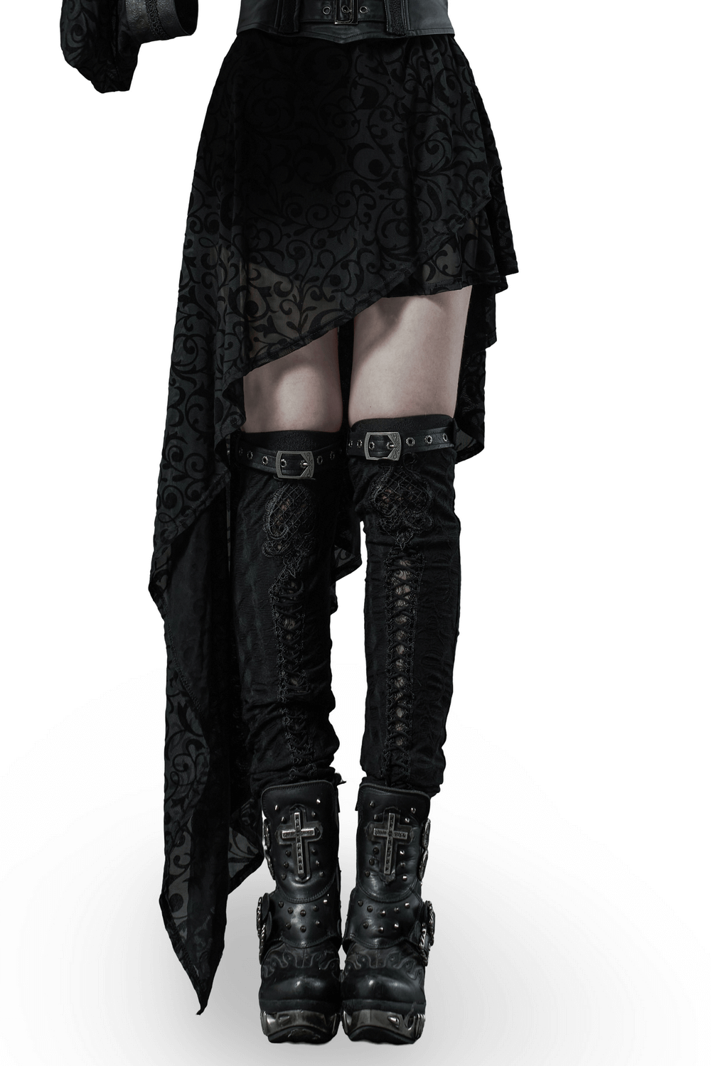 Gothic elastic knee-high leg warmers with mini belts, featuring delicate embroidery and anti-slip design.