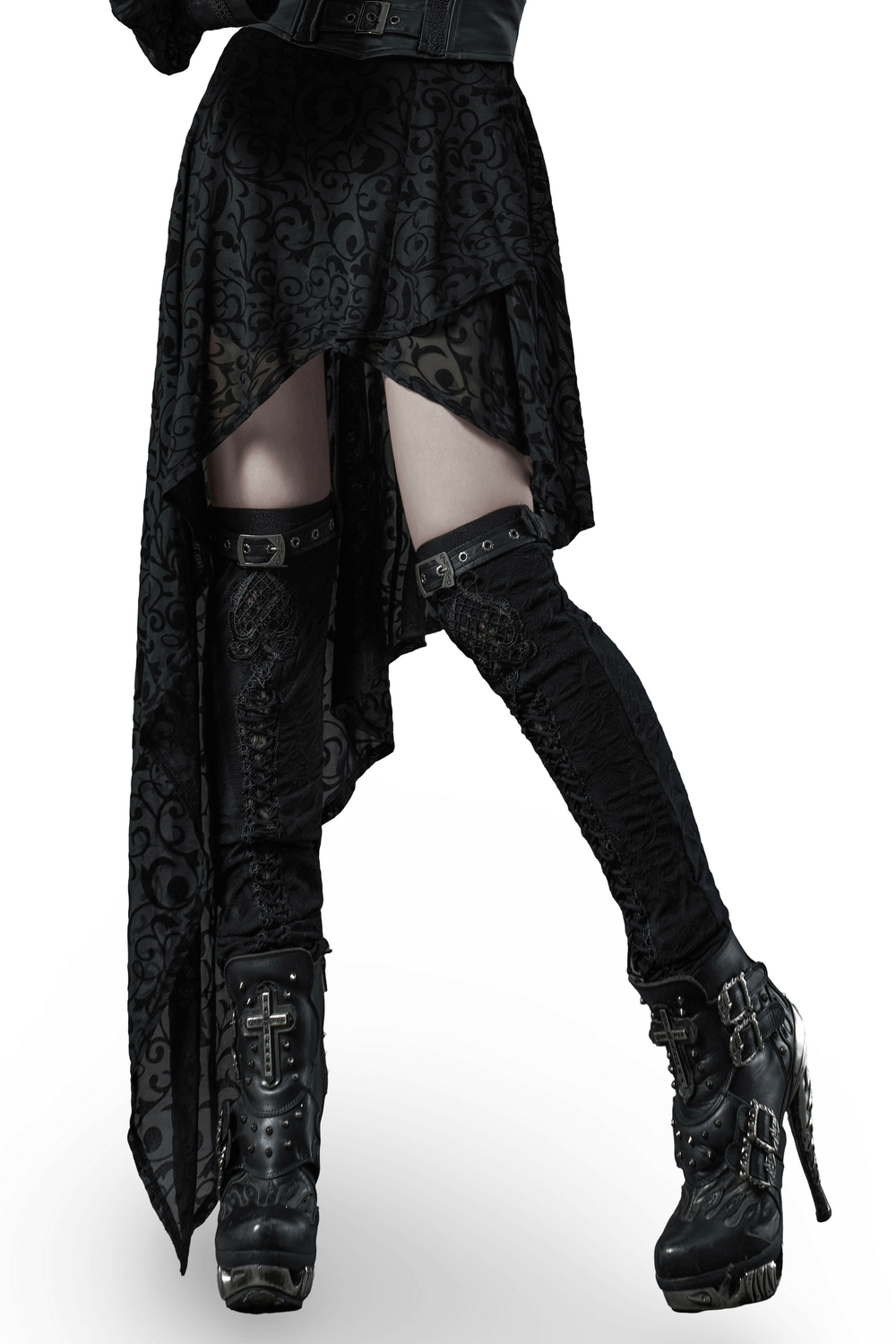 Gothic elastic knee high leg warmers with mini belts and delicate embroidery, paired with edgy black high-heeled boots.