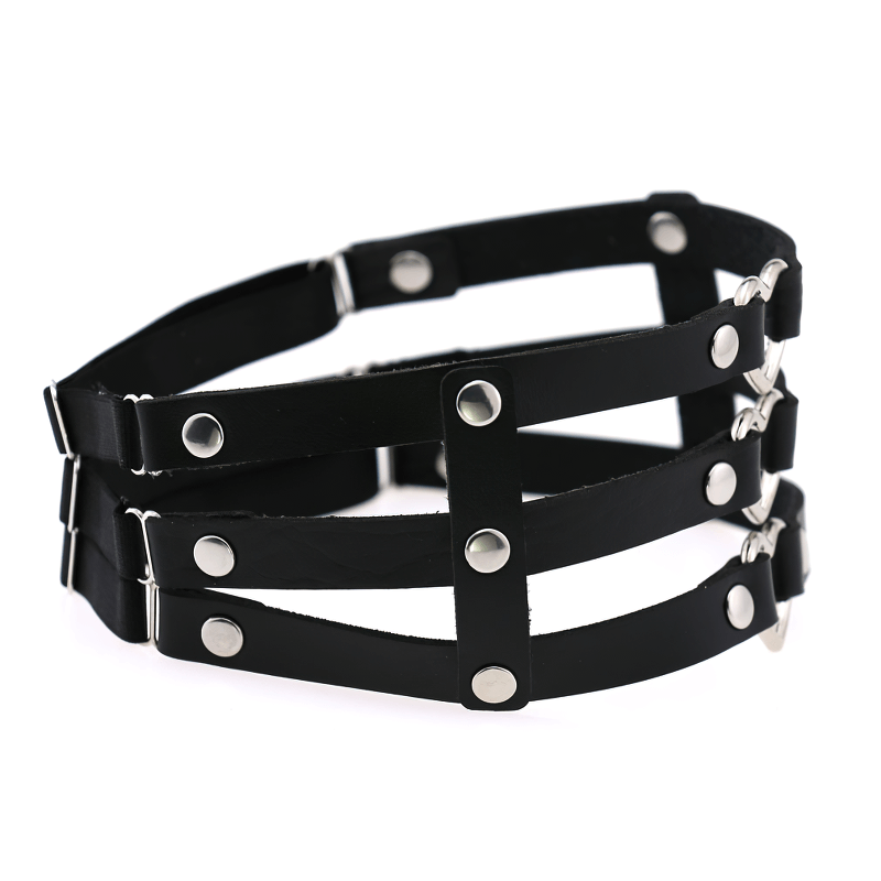 Gothic elastic leg ring harness in black synthetic leather with metal rivets for stylish rock outfits.