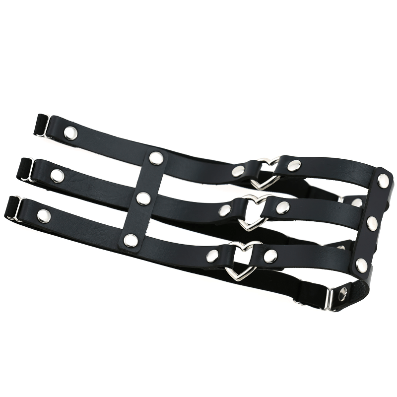 Gothic elastic leg ring harness with metal hearts and rivets, perfect for edgy rock style outfits.