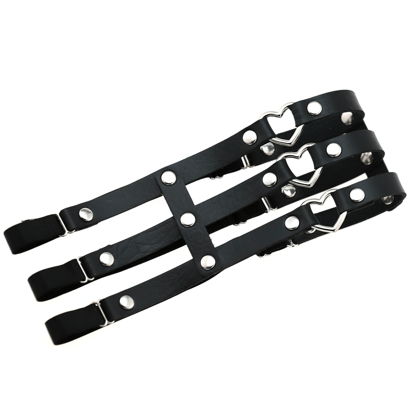 Gothic elastic leg ring harness with metal hearts, perfect for rock and gothic outfits.