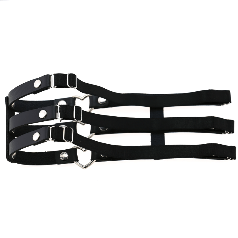 Gothic elastic leg ring harness with metal heart, stylish synthetic leather design for rock and gothic outfits.