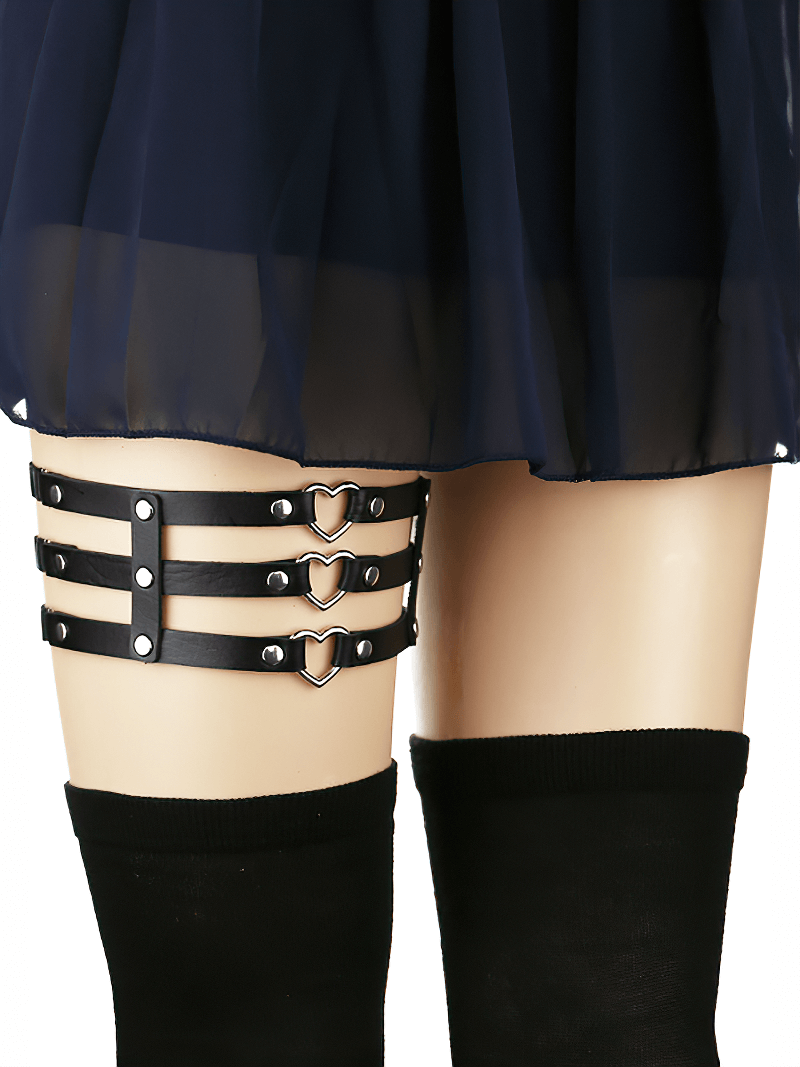 Gothic elastic leg ring harness with metal hearts, perfect for enhancing rock and gothic outfits.