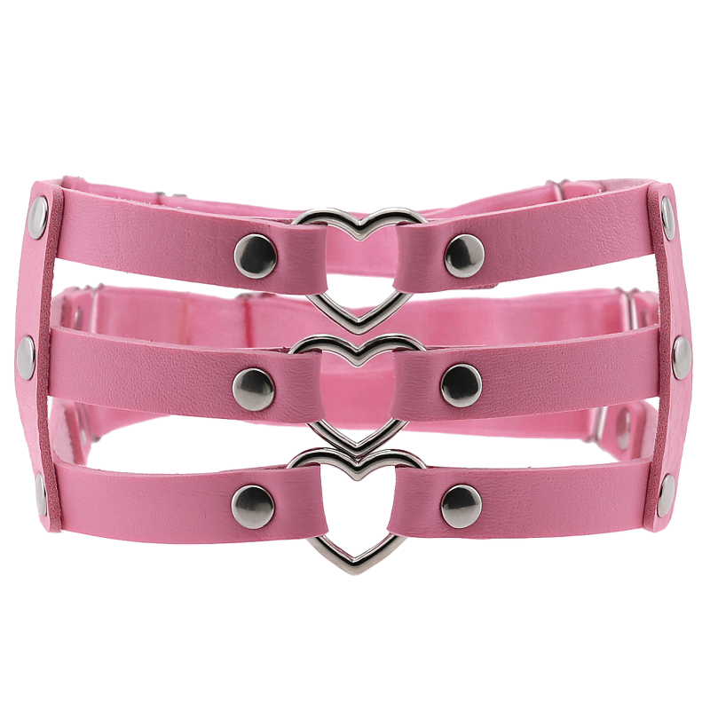 Gothic elastic leg ring harness in pink with metal hearts, perfect for rock and gothic outfits, made of synthetic leather.