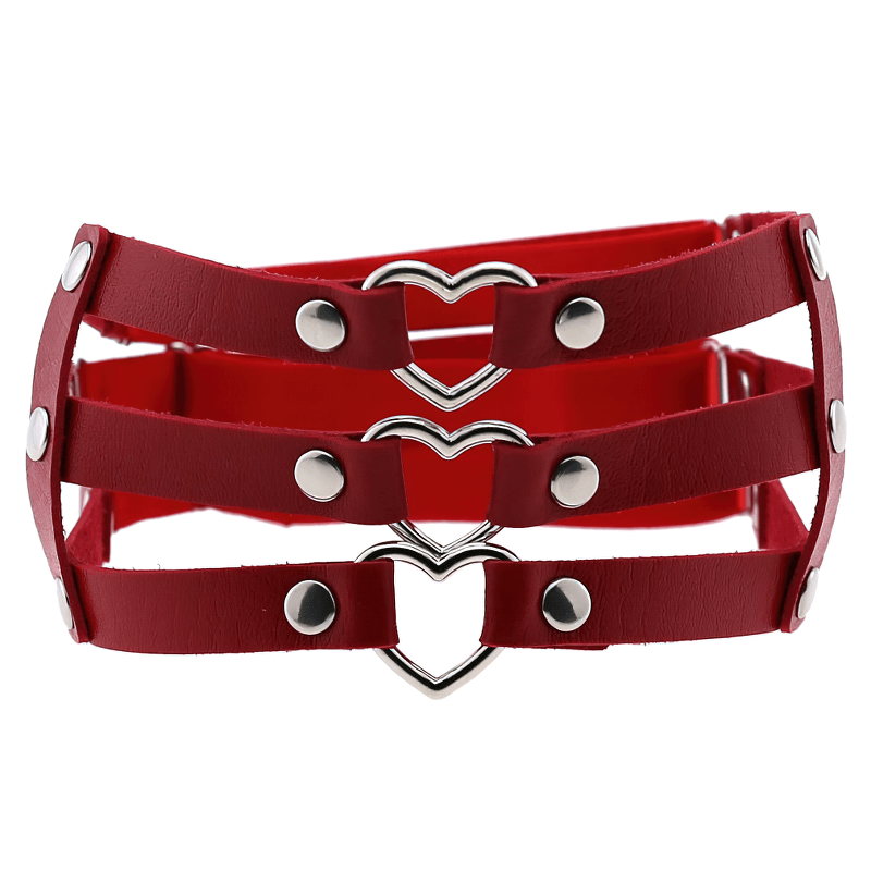 Gothic Elastic Leg Ring Harness with Metal Hearts in red synthetic leather, perfect for rock and gothic outfits.