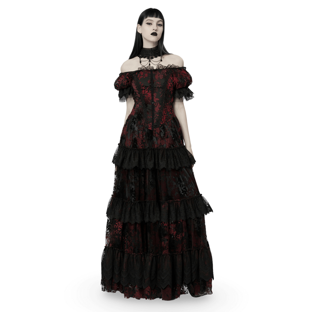 Gothic elegance in a red and black flocking mesh gown with short sleeves and layered details.