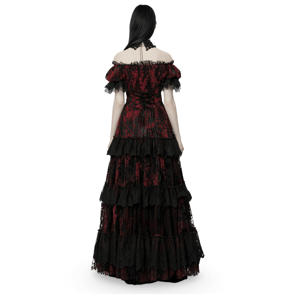 Back view of a Gothic Elegance gown featuring red flocking print and layered black lace details.