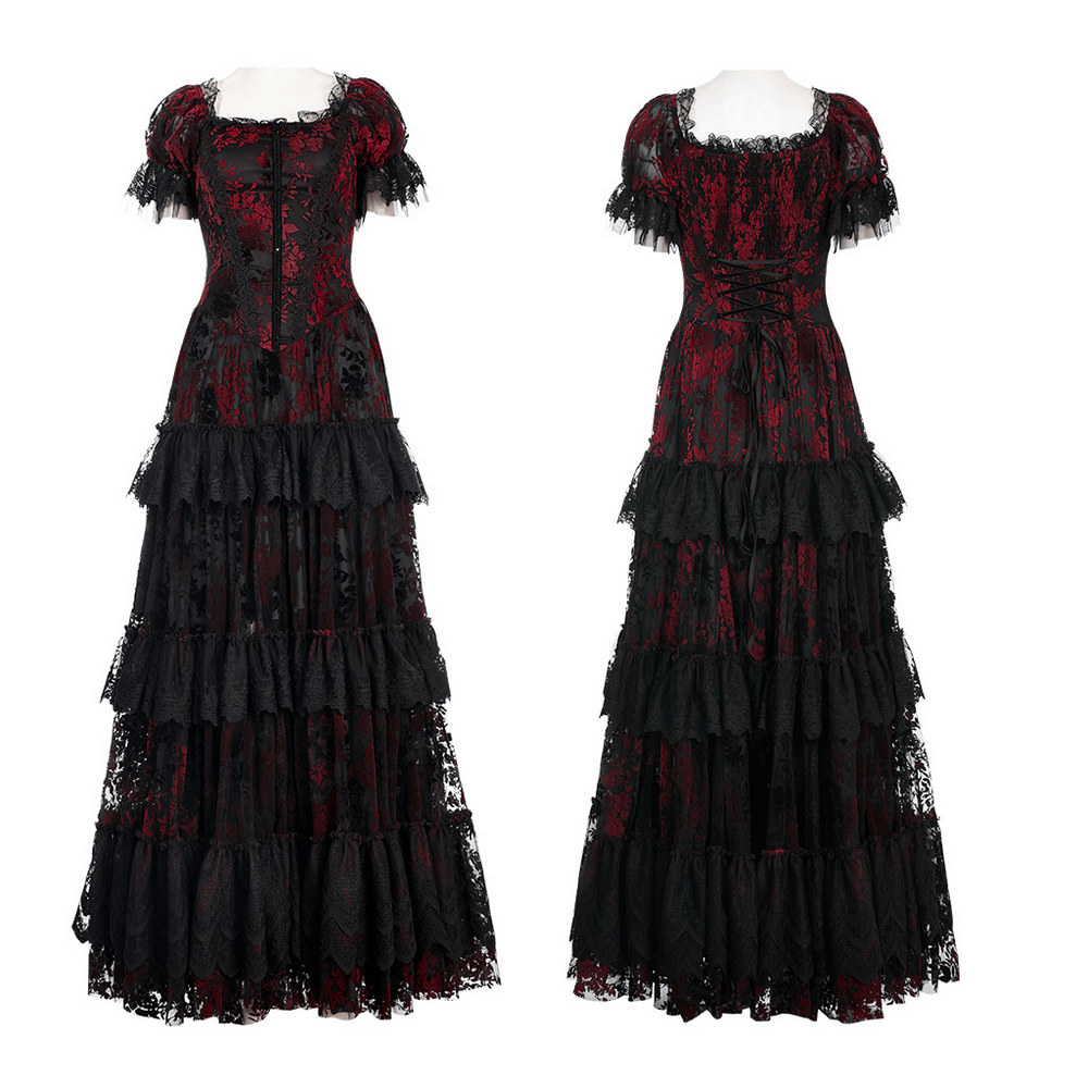 Gothic elegance gown in red and black with flocking details and short sleeves, designed for a romantic and mystical look.