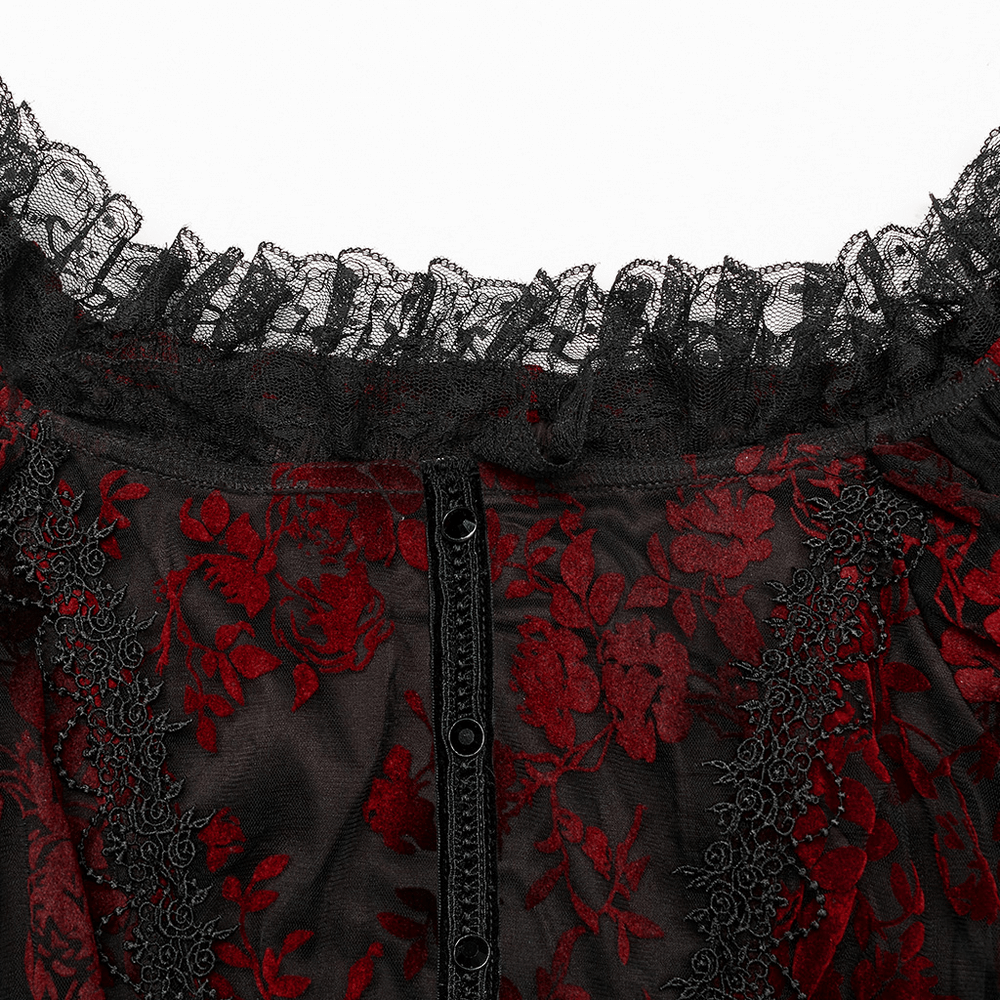 Close-up of Gothic Elegance gown with red floral flocking, lace neckline, and button details, showcasing gothic romance.