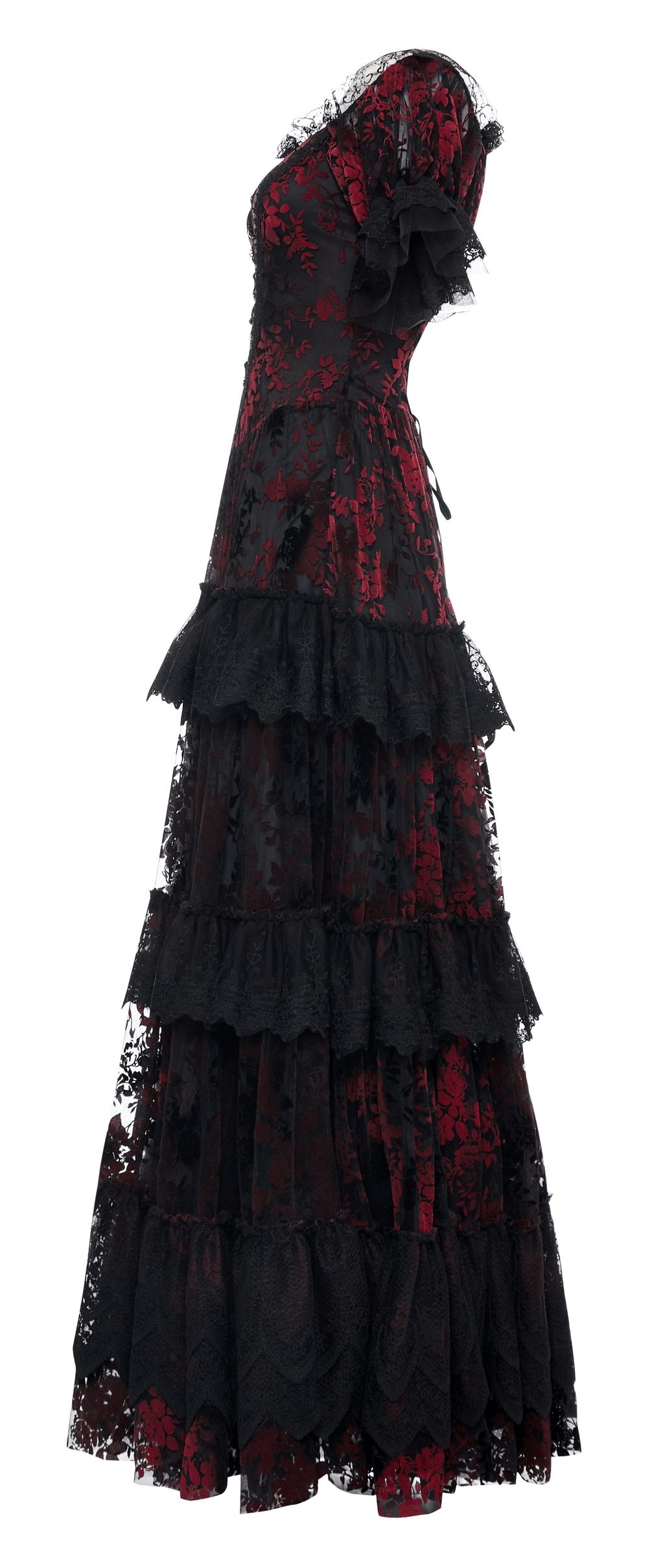 Gothic Elegance Flocking Mesh Red Print Gown showcasing stunning layers and short sleeves.