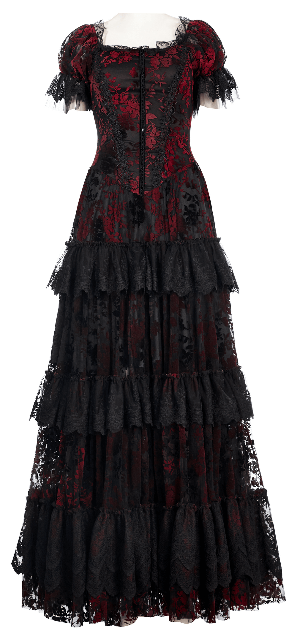 Gothic Elegance Red Print Gown with Flocking Detail and Short Sleeves, perfect for romantic occasions.